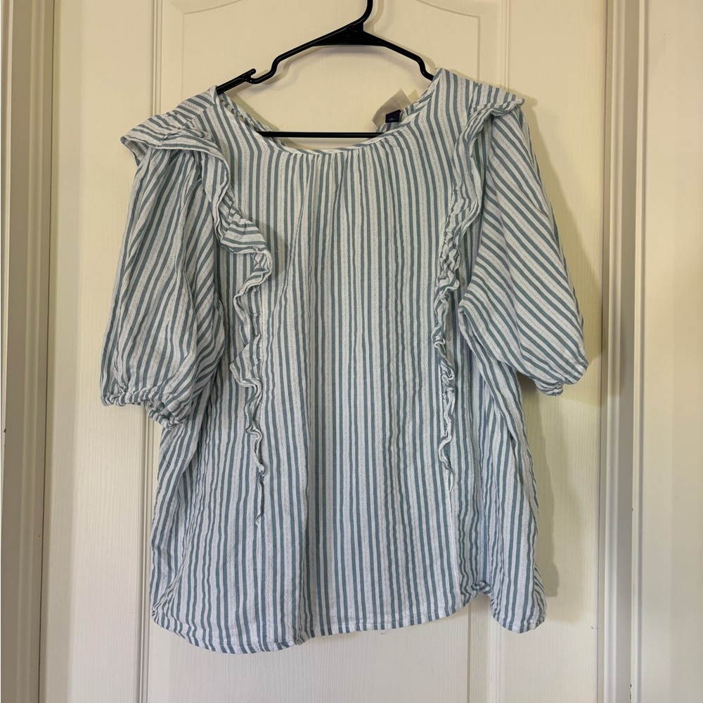 Universal Thread XL Blue White Stripe Ruffle Blouse Puff Sleeve Top Cottagecore